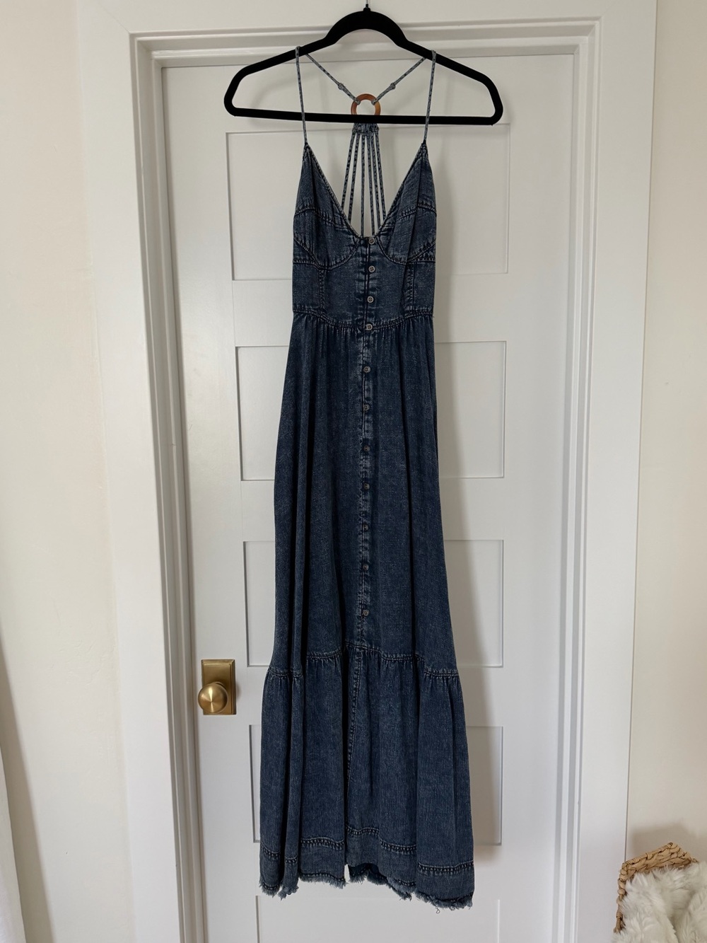 Pilcro Indigo Denim Maxi Dress with Strappy Back Detail